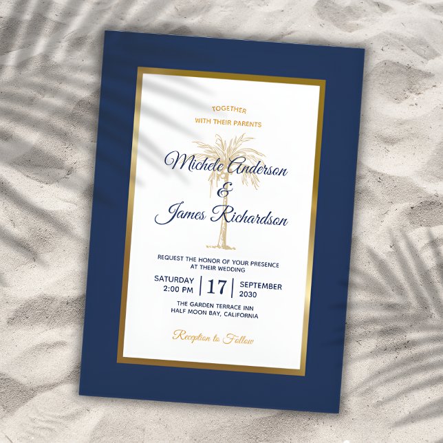 Elegant Navy Blue Gold Palm Tree Modern Wedding Invitation (Creator Uploaded)