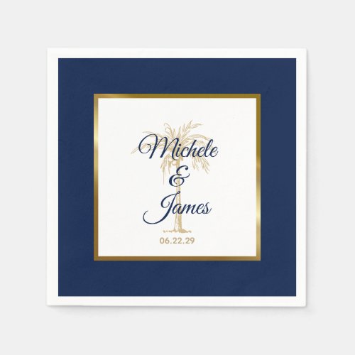 Elegant Navy Blue Gold Palm Tree Modern Wedding Napkins