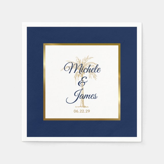 Elegant Navy Blue Gold Palm Tree Modern Wedding Napkins (Front)