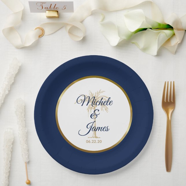 Elegant Navy Blue Gold Palm Tree Modern Wedding Paper Plates (Wedding)