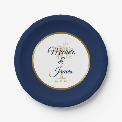 Elegant Navy Blue Gold Palm Tree Modern Wedding Paper Plates