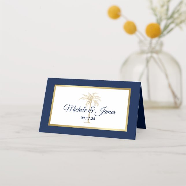 Elegant Navy Blue Gold Palm Tree Modern Wedding Place Card (Front)