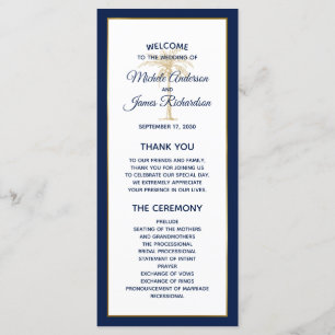 Elegant Navy Blue Gold Palm Tree Modern Wedding Program
