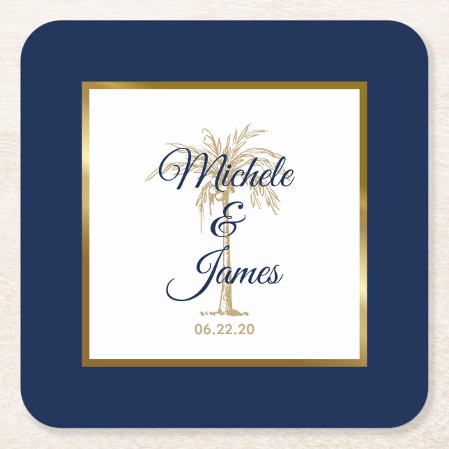 Elegant Navy Blue Gold Palm Tree Modern Wedding Square Paper Coaster (Front)