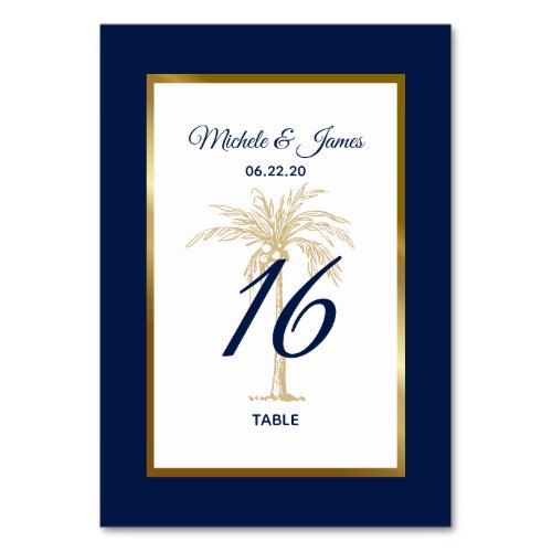 Elegant Navy Blue Gold Palm Tree Modern Wedding Table Number