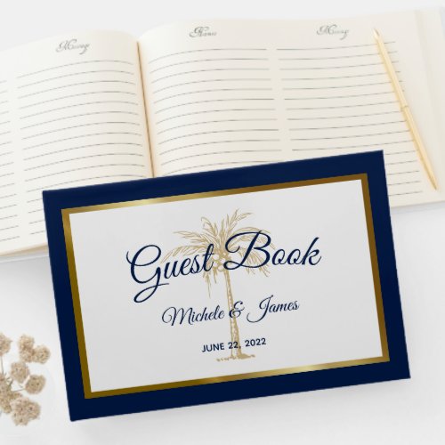 Elegant Navy Blue Gold Palm Tree Tropical Wedding Guest Book