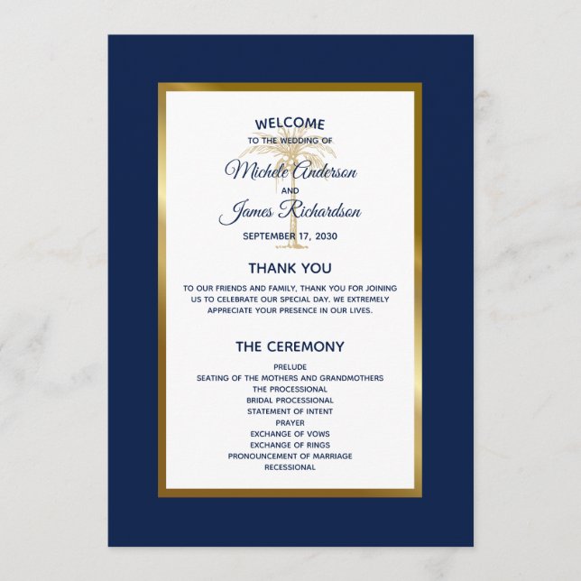 Elegant Navy Blue Gold Palm Tree Tropical Wedding Program (Front)