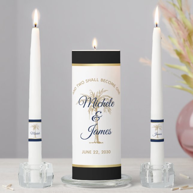 Elegant Navy Blue Gold Palm Tree Wedding Ceremony Unity Candle Set (In Situ)