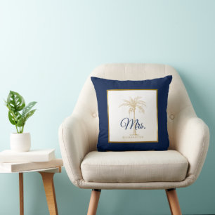 Elegant Navy Blue Gold Palm Tree Wedding Mrs. Throw Pillow