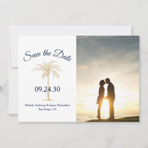 Elegant Navy Blue Gold Palm Tree Wedding Photo Save The Date