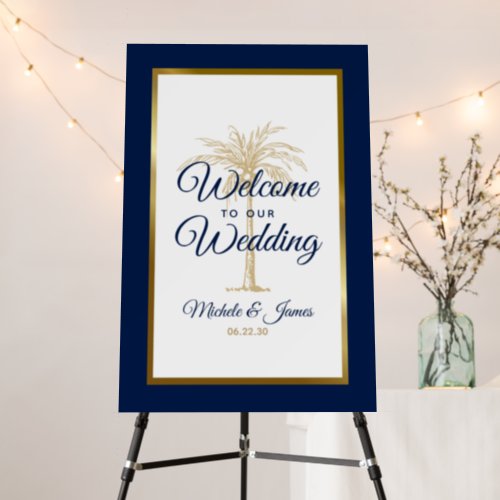 Elegant Navy Blue Gold Palm Tree Wedding Welcome Foam Board