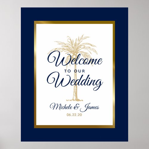 Elegant Navy Blue Gold Palm Tree Wedding Welcome Poster