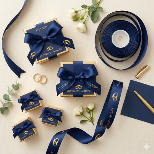 Elegant Navy Blue Gold Personalized Wedding Ribbon