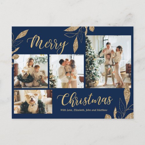Elegant Navy Blue Gold Photo Collage Christmas Postcard
