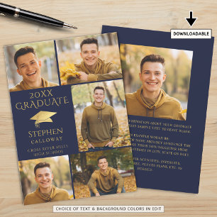 Elegant Navy Blue Gold Photo Collage Graduate Announcement