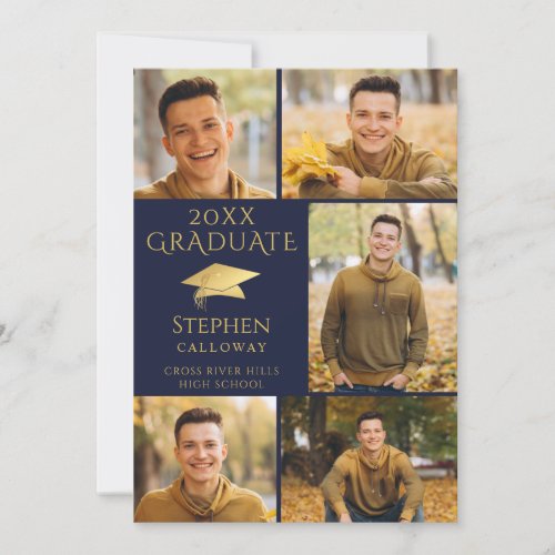 Elegant Navy Blue Gold Photo Collage Graduate Announcement