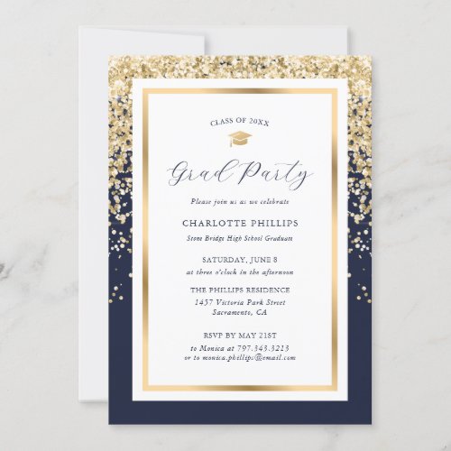 Elegant Navy Blue Gold Photo Grad Party Invitation