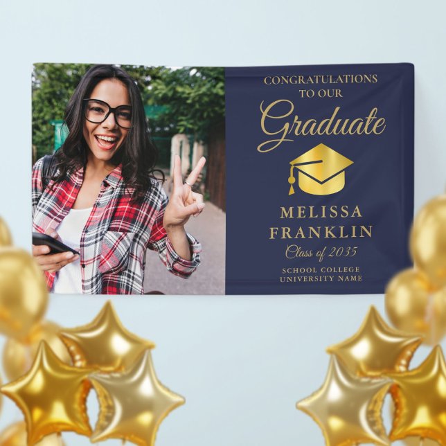 Elegant Navy Blue Gold Photo Graduation Banner (Elegant Navy Blue Gold Photo Graduation Banner)