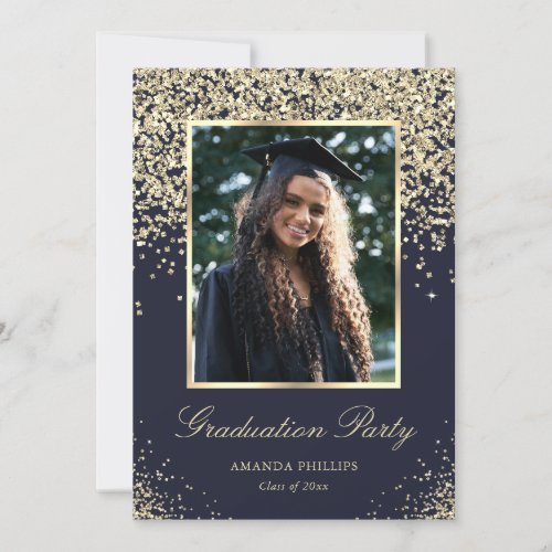 Elegant Navy Blue Gold Photo Graduation Party Invitation