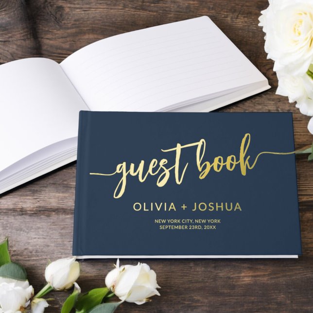 Elegant Navy Blue Gold Photo Minimalist Script Foil Guest Book (Creator Uploaded)
