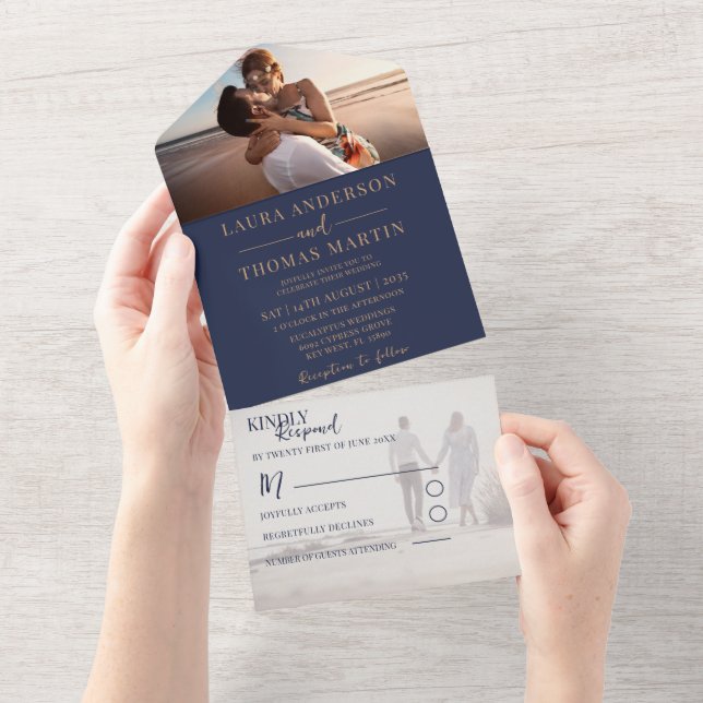 Elegant Navy Blue & Gold Photo Wedding  All In One Invitation (Tearaway)