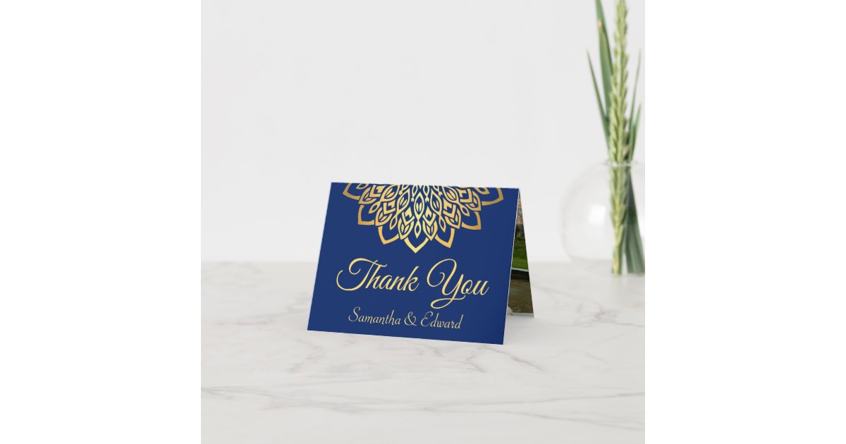 Elegant Navy Blue Gold Photo Wedding Thank You Card | Zazzle