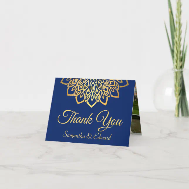 Elegant Navy Blue Gold Photo Wedding Thank You Card | Zazzle