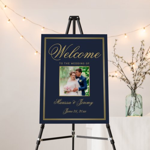 Elegant Navy Blue Gold Photo Wedding Welcome Sign