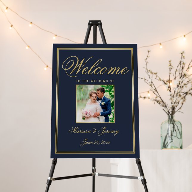Elegant Navy Blue Gold Photo Wedding Welcome Sign (In Situ (Stand))