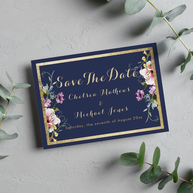 Elegant navy blue gold pink floral Save The Date (Elegant navy blue gold pink floral Save The Date)