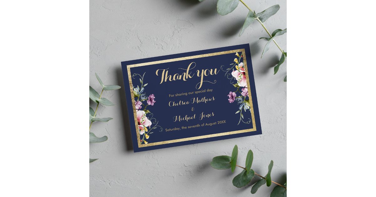 Elegant navy blue gold pink floral Thank You Card | Zazzle