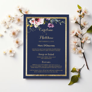 Elegant navy blue gold pink floral Wedding Menu