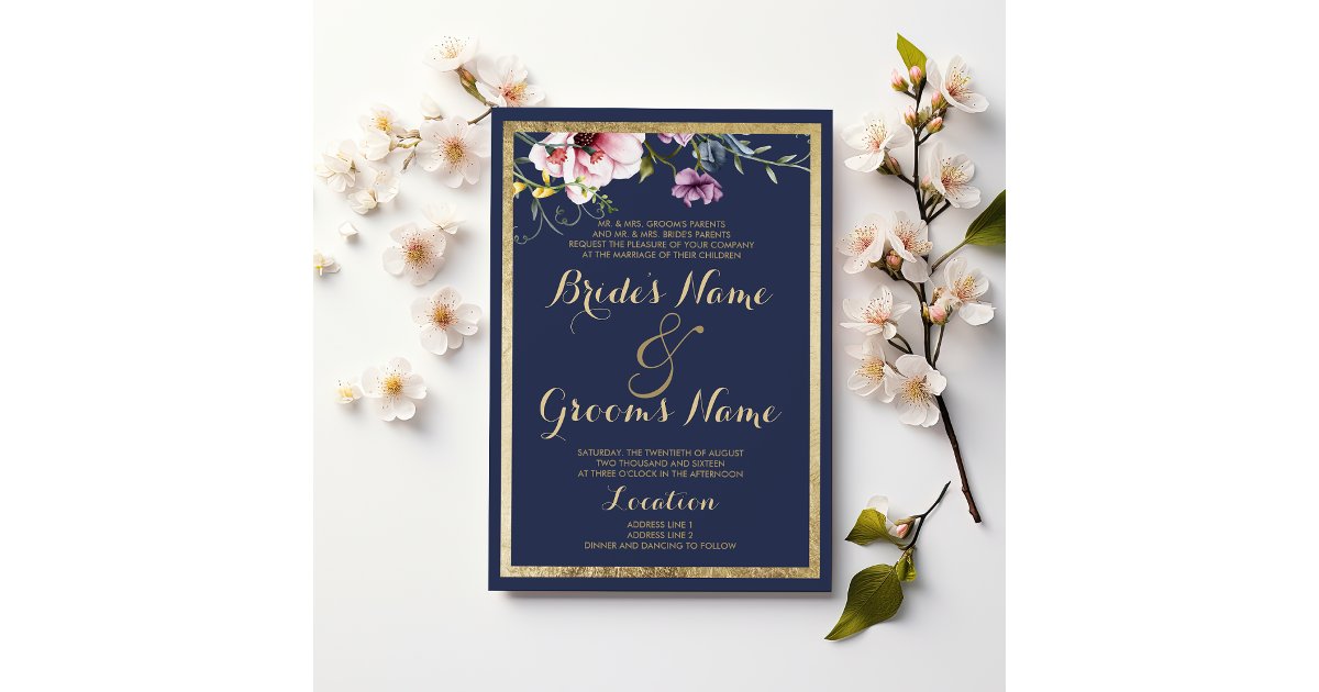 Elegant navy blue gold pink mint floral Wedding Invitation | Zazzle