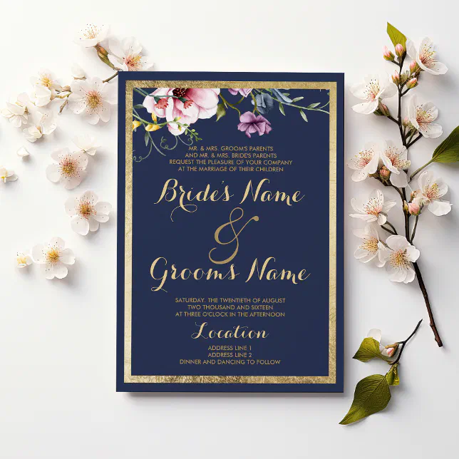 Elegant navy blue gold pink mint floral Wedding Invitation | Zazzle