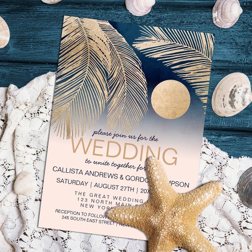 Elegant Navy Blue Gold Pink Palm Tree Leaf Wedding Invitation