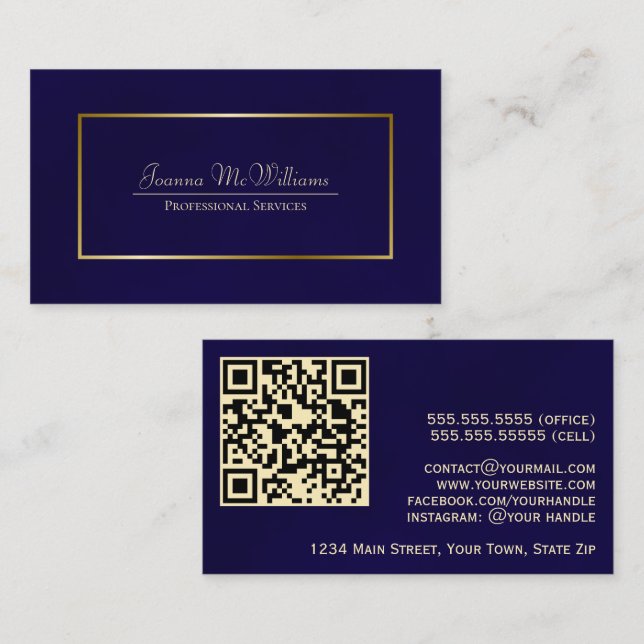 Elegant Navy Blue & Gold Professional QR Code Business Card (Front/Back)