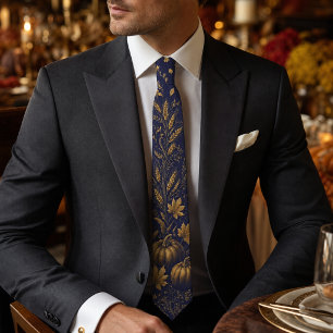 Elegant Navy Blue Gold Pumpkin Thanksgiving Formal Neck Tie