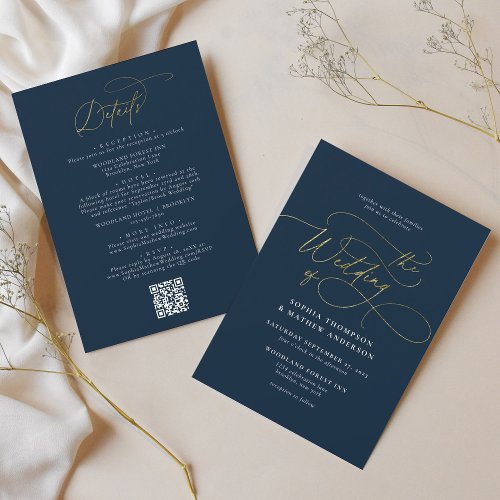Elegant Navy Blue Gold QR Code All in one Wedding Invitation