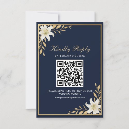 Elegant Navy Blue  Gold QR Code Wedding RSVP Card