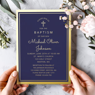 Elegant Navy Blue Gold Religious Cross Baptism  Foil Invitation