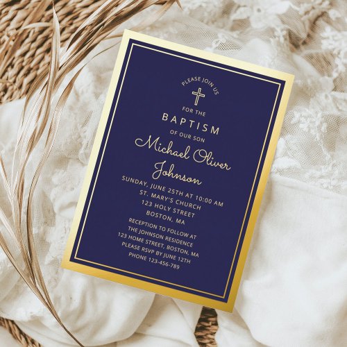 Elegant Navy Blue Gold Religious Cross Baptism  Foil Invitation