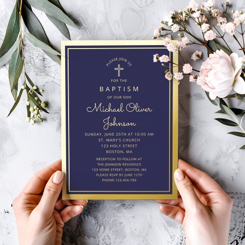 Elegant Navy Blue Gold Religious Cross Baptism  Foil Invitation