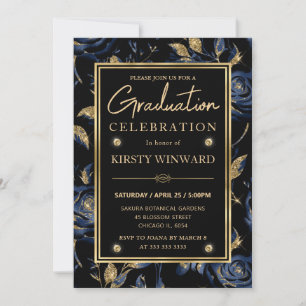 Elegant Navy Blue & Gold Rose Floral Graduation Invitation