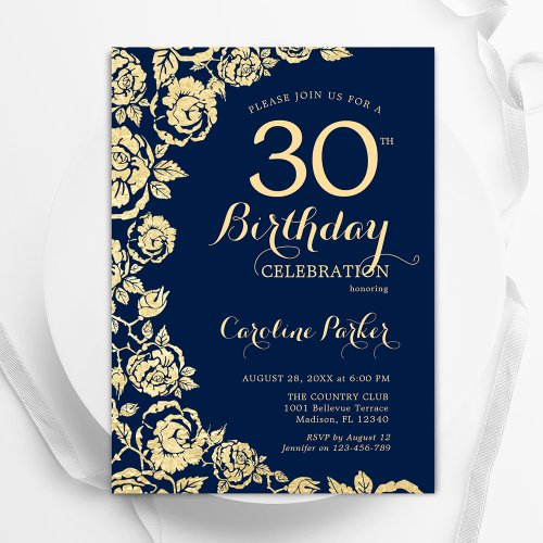 Elegant Navy Blue Gold Roses 30th Birthday Invitation