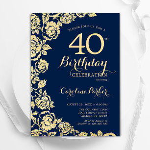 Elegant Navy Blue Gold Roses 40th Birthday Invitation