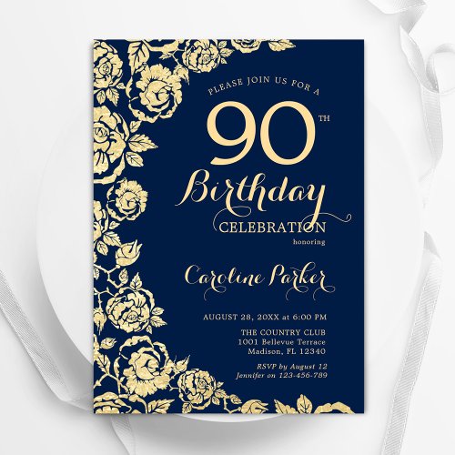 Elegant Navy Blue Gold Roses 90th Birthday Invitation