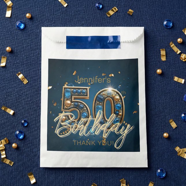 Elegant Navy Blue Gold Sapphire Gems 50th Birthday Favor Bag (Creator Uploaded)
