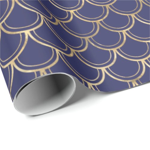 Elegant Navy Blue Gold Scallop Pattern Wrapping Paper