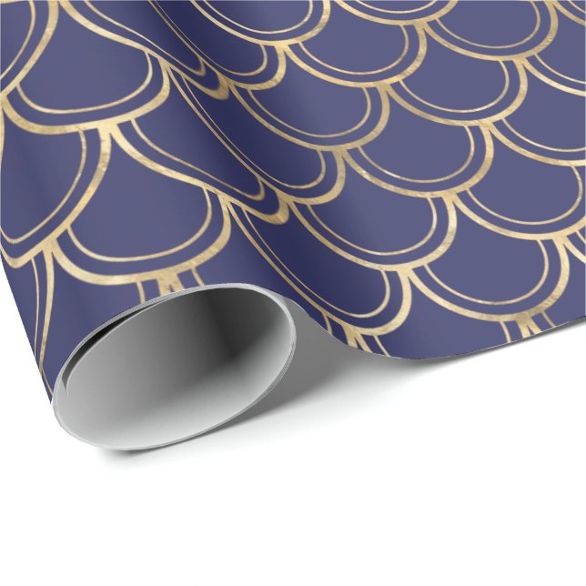Elegant Navy Blue Gold Scallop Pattern Wrapping Paper (Roll Corner)