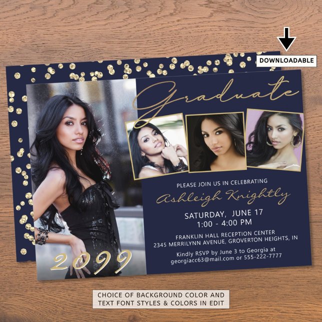 Elegant Navy Blue Gold Script 4 Photo Graduate Invitation (Creator Uploaded)